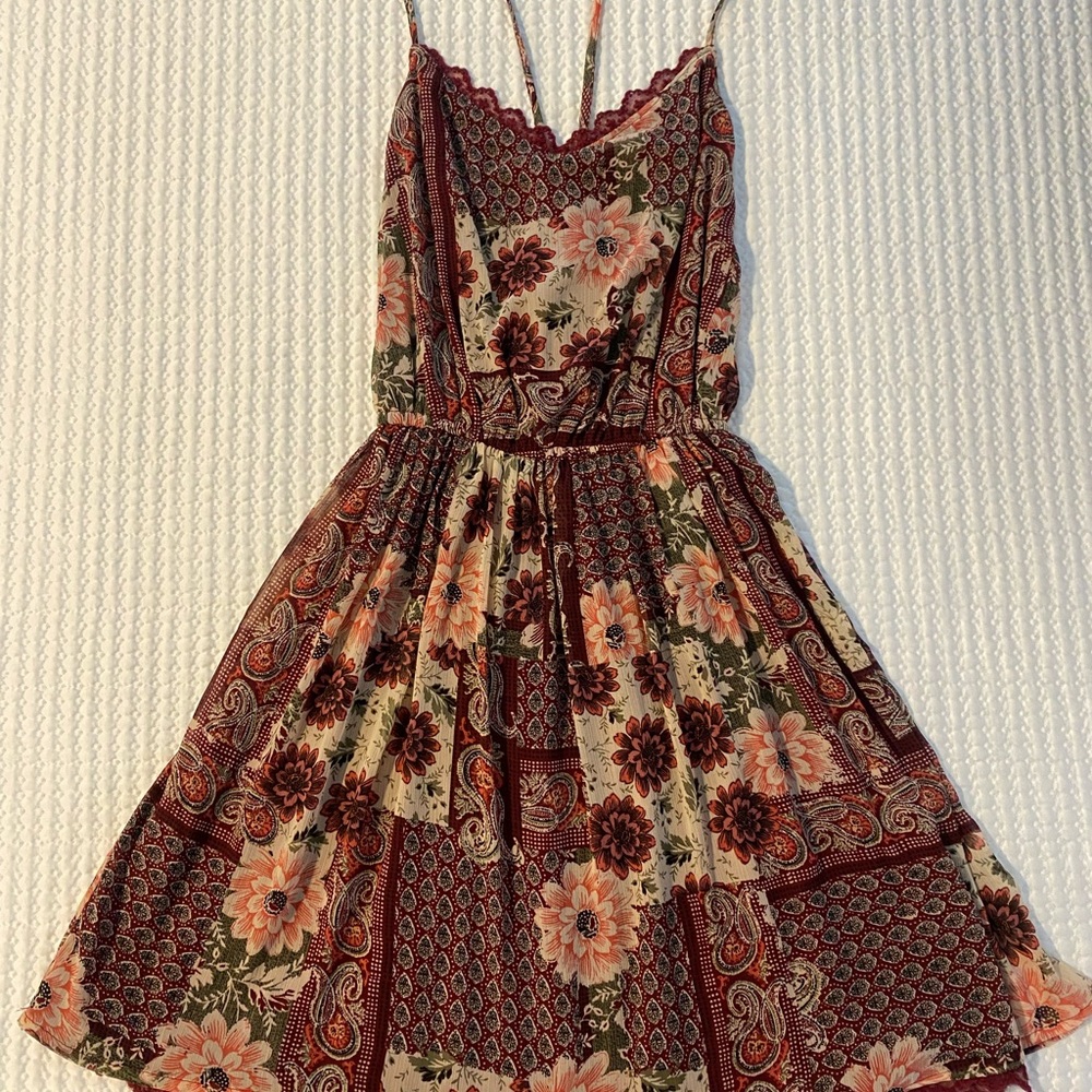 Hollister Boho Floral Mini Dress - Red and Cream